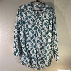 Cynthia Rowley Blue and White Mandarin Collar Button Down Shirt